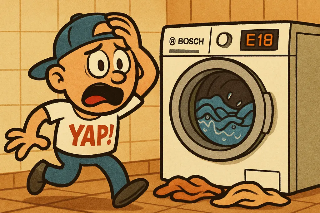 Cartoon scene inside a laundry room: a frustrated homeowner standing in front of