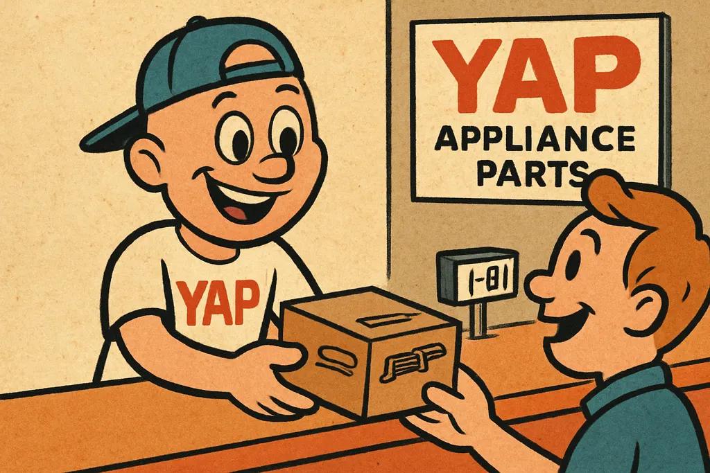 Cartoon of the YAP Dude standing behind the parts counter inside the Yukon Appli
