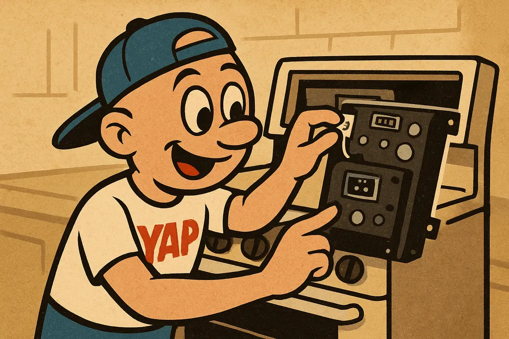 YAP Dude standing in front of a GE electric range with the control console back 