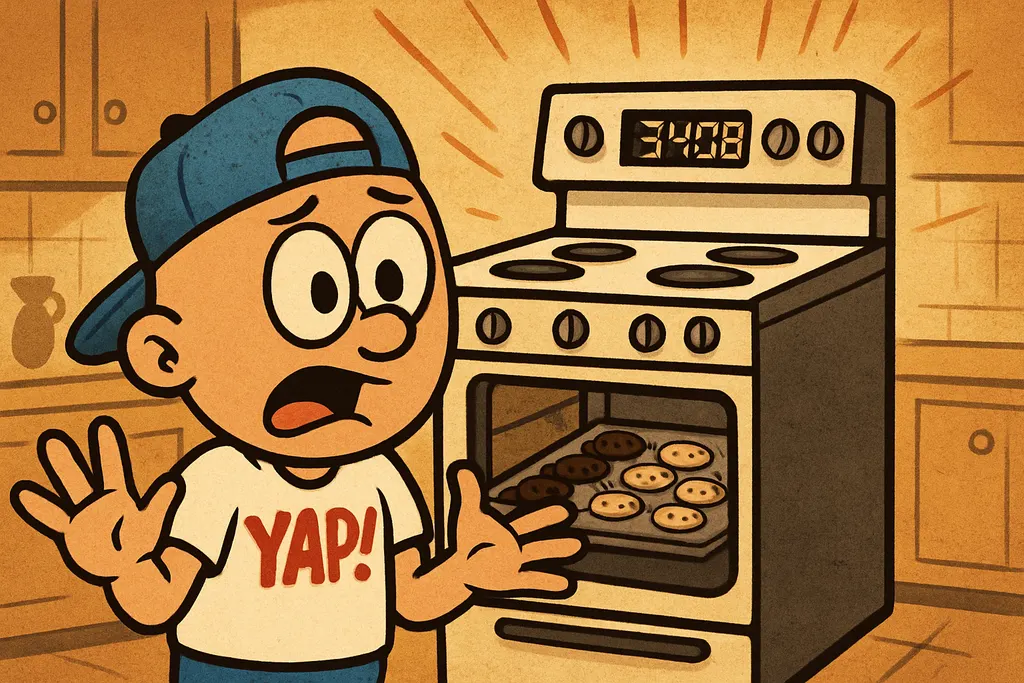 Cartoon scene inside a kitchen with a GE electric freestanding range as the cent