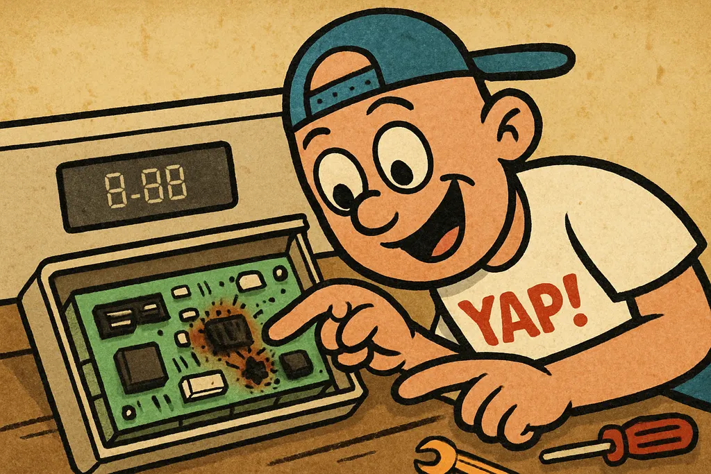 YAP Dude leaning in close over a disassembled GE range control console laid out 