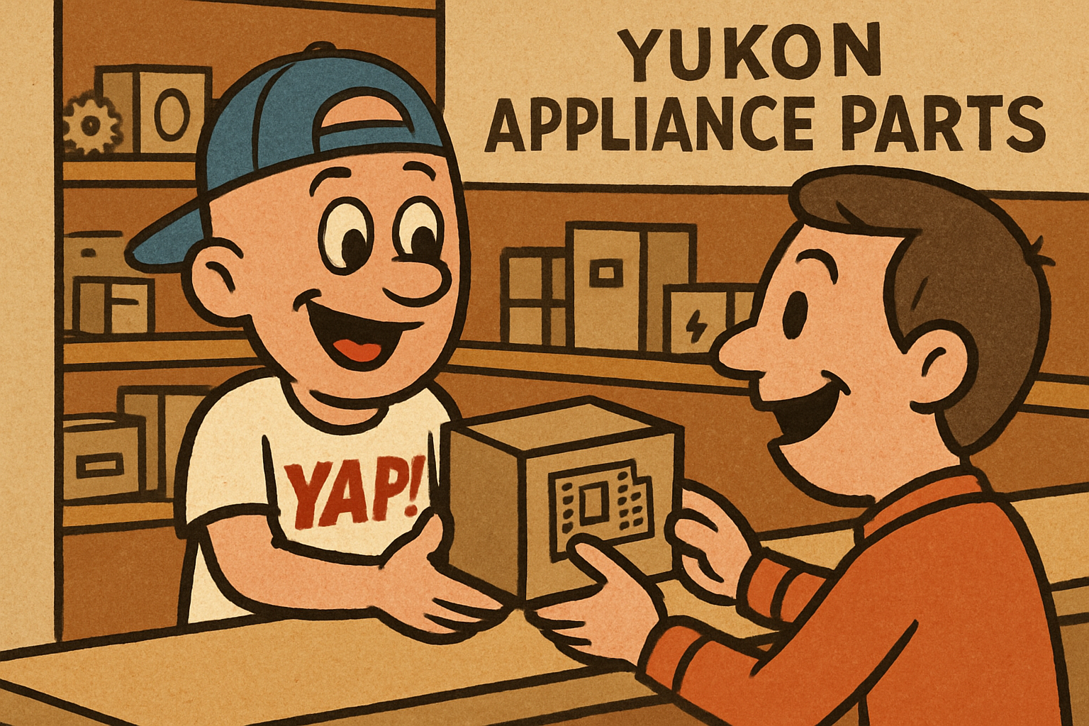 Inside the Yukon Appliance Parts store in Piedmont, Oklahoma. YAP Dude is standi