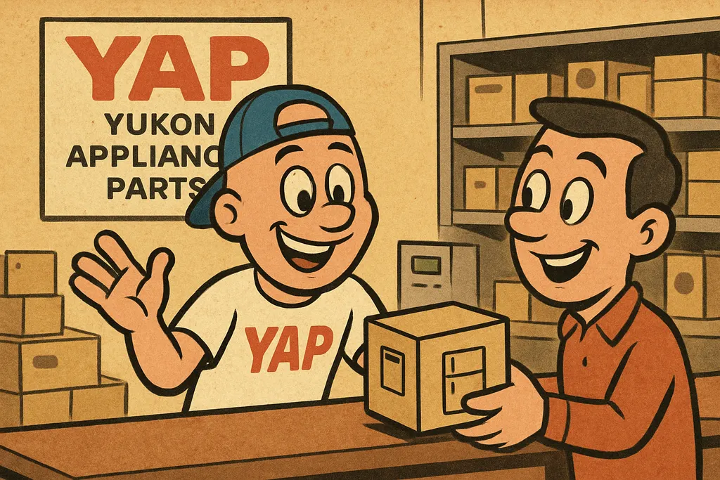 Inside the YAP appliance parts store in Piedmont, Oklahoma. YAP Dude is standing