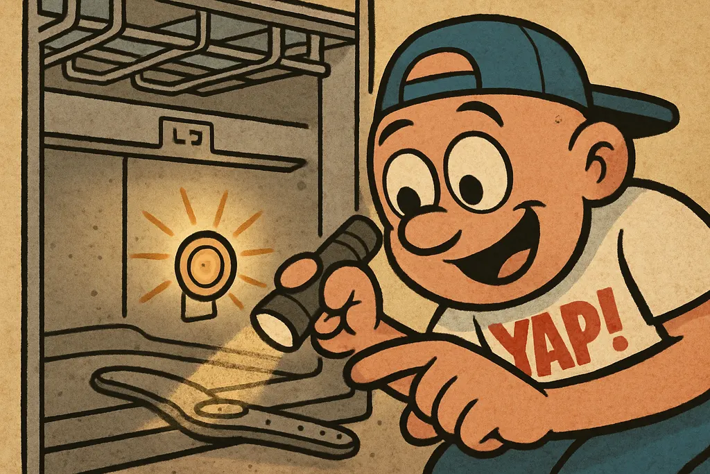 Cartoon close-up scene: the YAP Dude crouching down in front of an open Samsung 