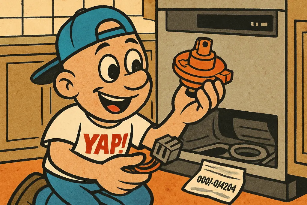 Cartoon scene of the YAP Dude kneeling on the kitchen floor in front of a Samsun