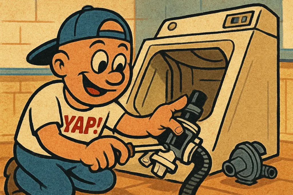 A cartoon scene of the YAP Dude actively installing a new drain pump onto a Whir