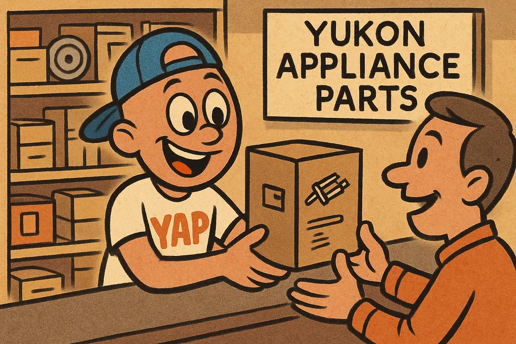 Cartoon scene inside the YAP parts store in Piedmont, OK: YAP Dude is standing b