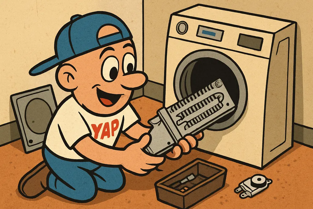 Cartoon action shot: YAP Dude kneeling on a laundry room floor beside an LG elec