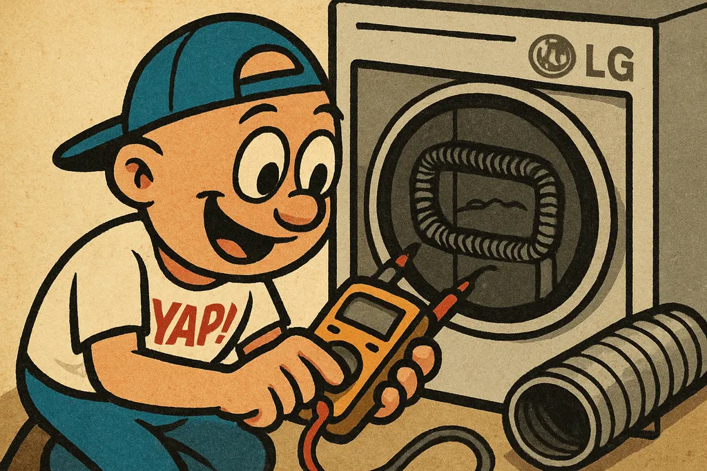 Cartoon close-up diagnostic scene: YAP Dude crouched behind an LG electric dryer