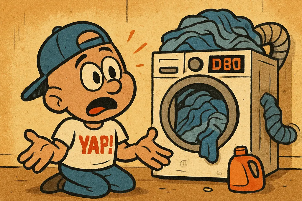 Cartoon scene inside a laundry room: an LG front-load dryer sits against the wal