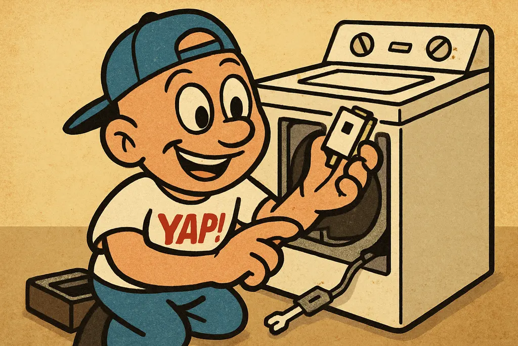 Cartoon scene in a home laundry room. YAP Dude is crouched beside a Whirlpool to