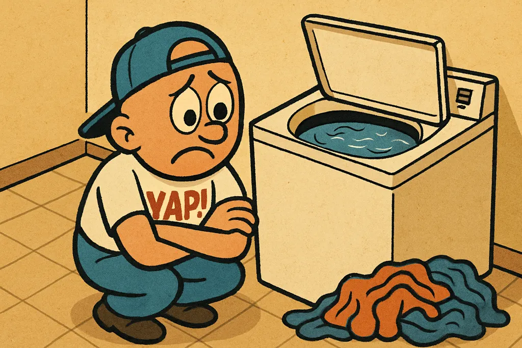 Cartoon scene inside a Mustang, Oklahoma home laundry room. A frustrated homeown
