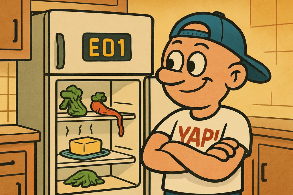 Cartoon scene inside a modern kitchen. A Bosch refrigerator with its door hangin