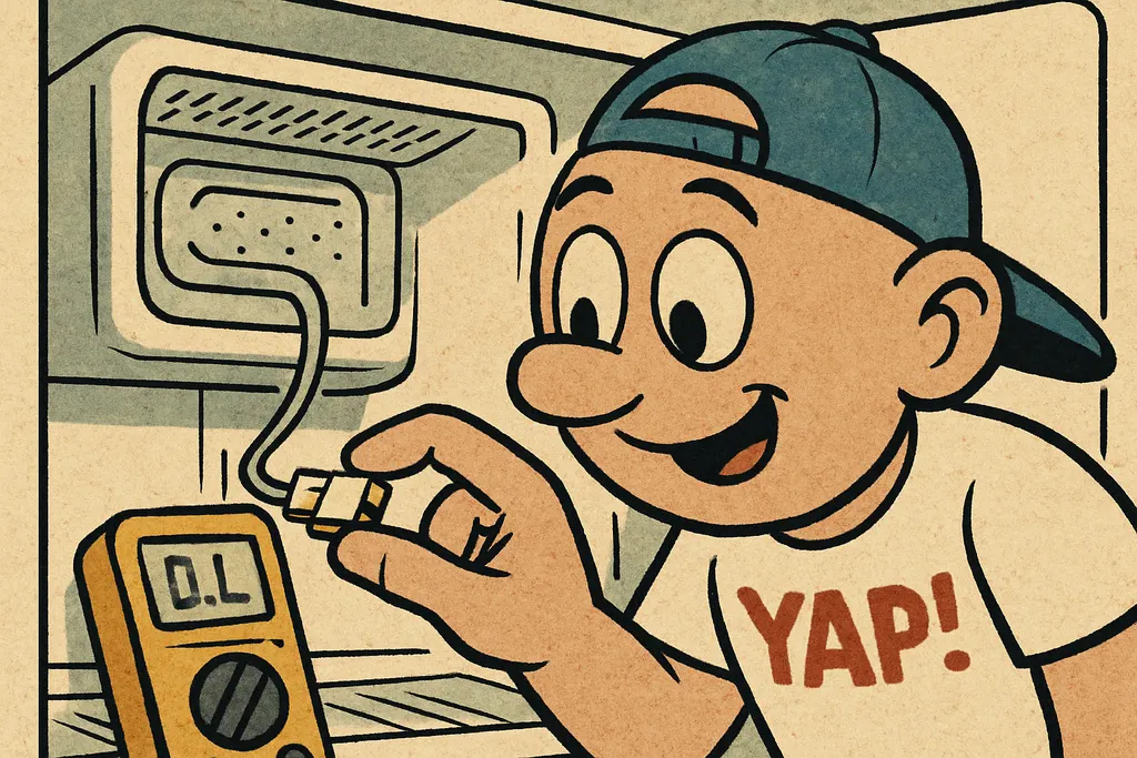 Cartoon close-up diagnostic scene. YAP Dude is leaning in close to the interior 