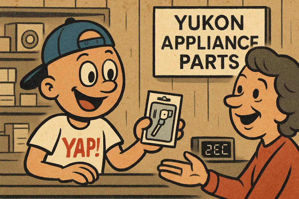 Cartoon scene inside the YAP appliance parts store in Piedmont, OK. YAP Dude is 
