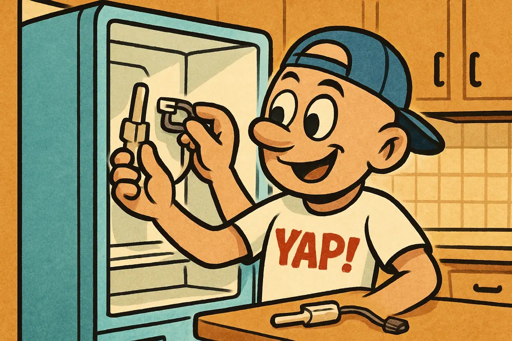 Cartoon action scene in a home kitchen. YAP Dude is installing a brand-new therm
