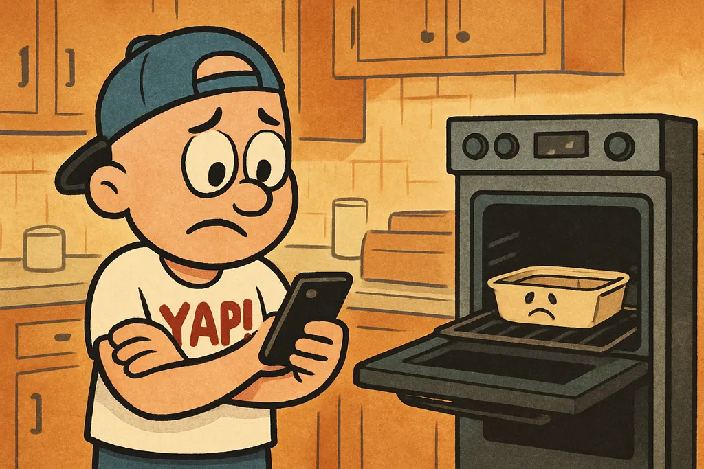 Cartoon scene: A frustrated homeowner in a kitchen in El Reno, Oklahoma, oven d
