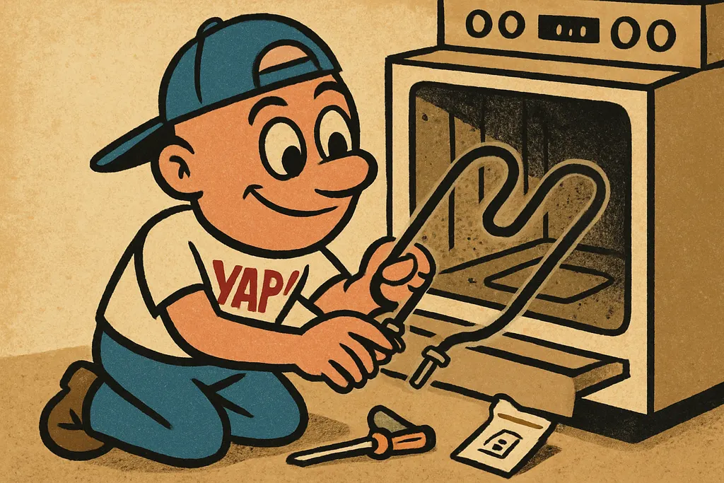 Cartoon scene: YAP Dude confidently installing a brand-new OEM bake heating elem