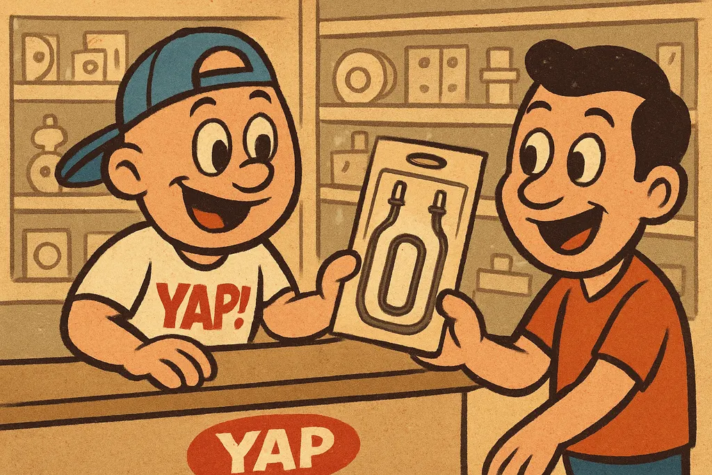 Cartoon scene: Inside the YAP store in Piedmont, Oklahoma, a cheerful parts cou