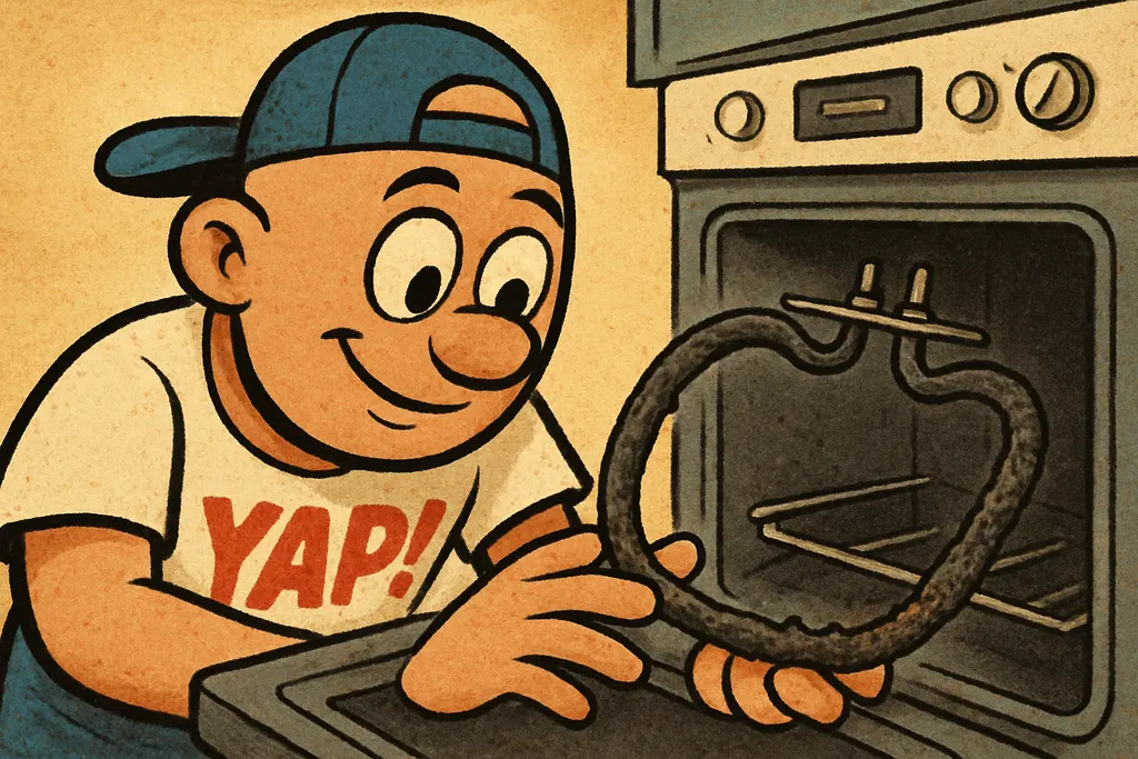 Cartoon scene: YAP Dude leaning in close over a disassembled oven interior, his 