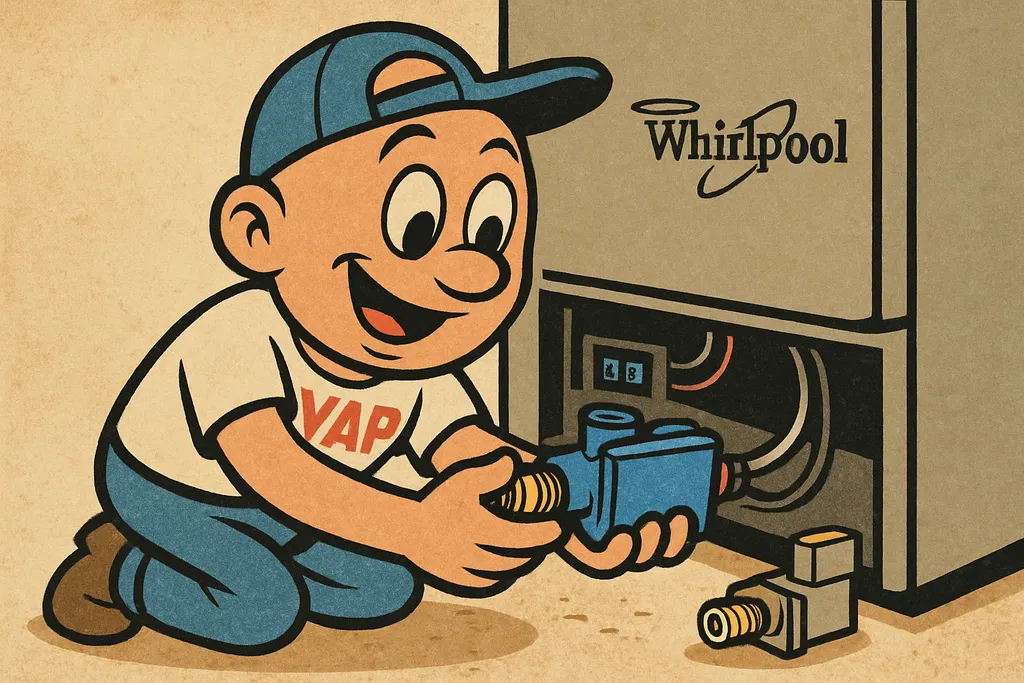 YAP Dude crouched behind a Whirlpool refrigerator that has been pulled away from