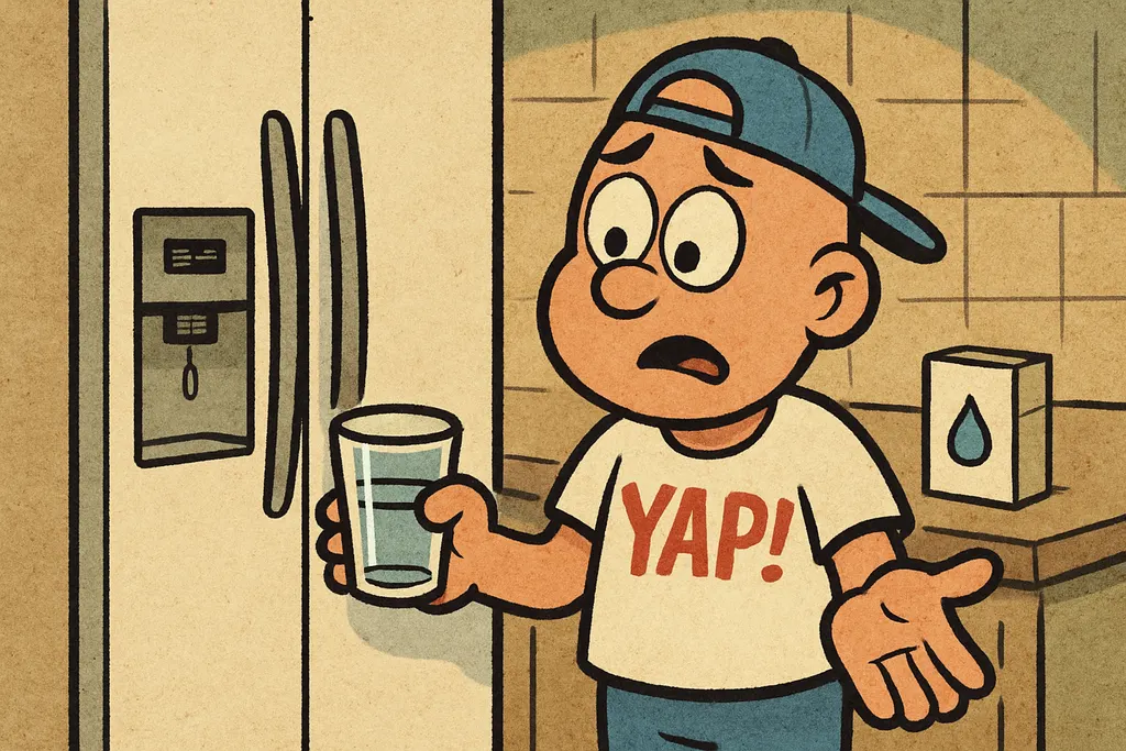 Cartoon scene inside a modern kitchen. A frustrated person stands in front of a 