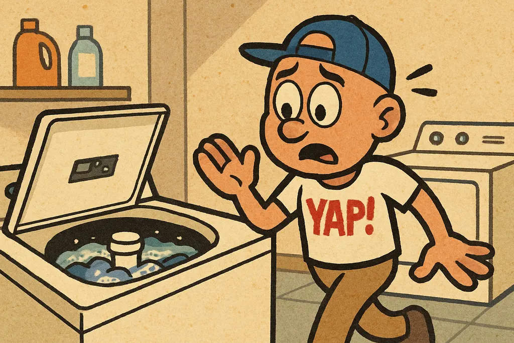 Cartoon scene inside a laundry room: a frustrated homeowner stands next to a May