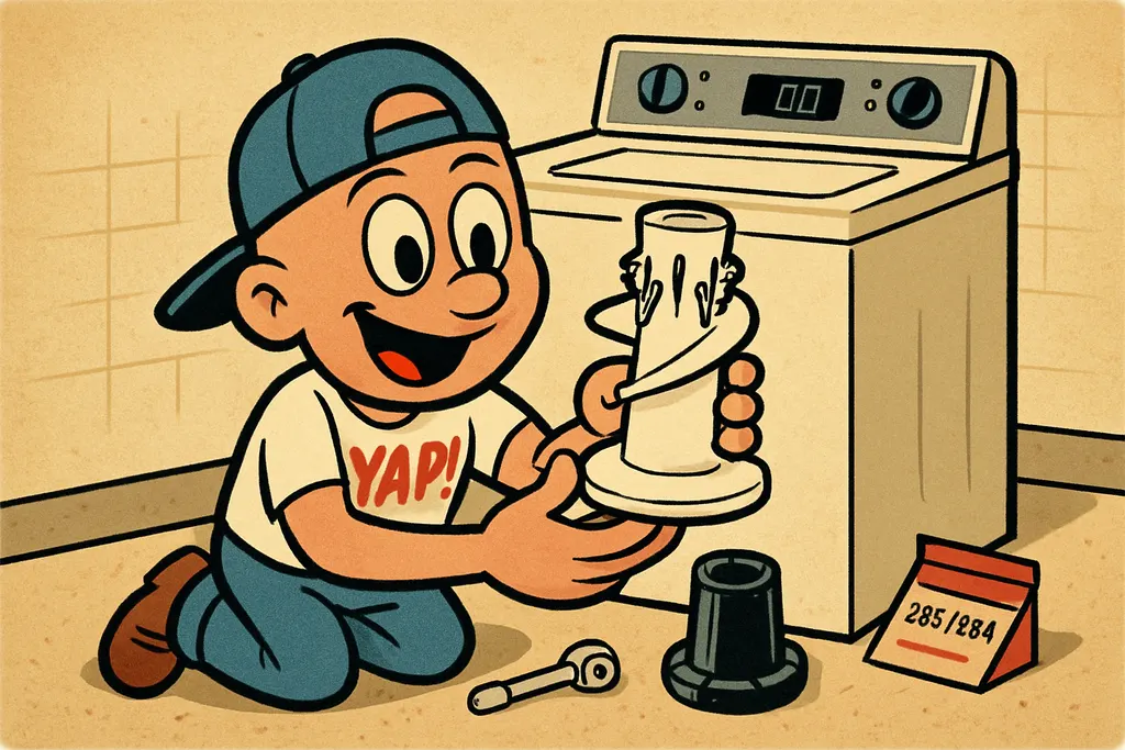 Cartoon action shot: YAP Dude kneeling beside a Maytag Centennial top-load washe