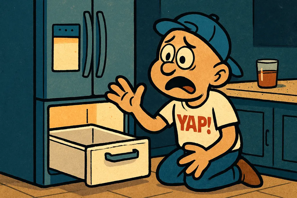 Cartoon scene set in a modern kitchen at midnight. A frustrated homeowner stands