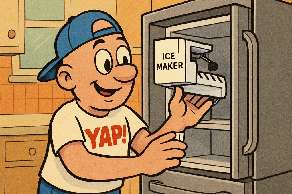 Cartoon action scene in a bright home kitchen. YAP Dude is installing a brand-ne