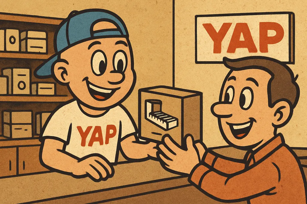 Cartoon scene inside the YAP appliance parts store in Piedmont, Oklahoma. YAP Du