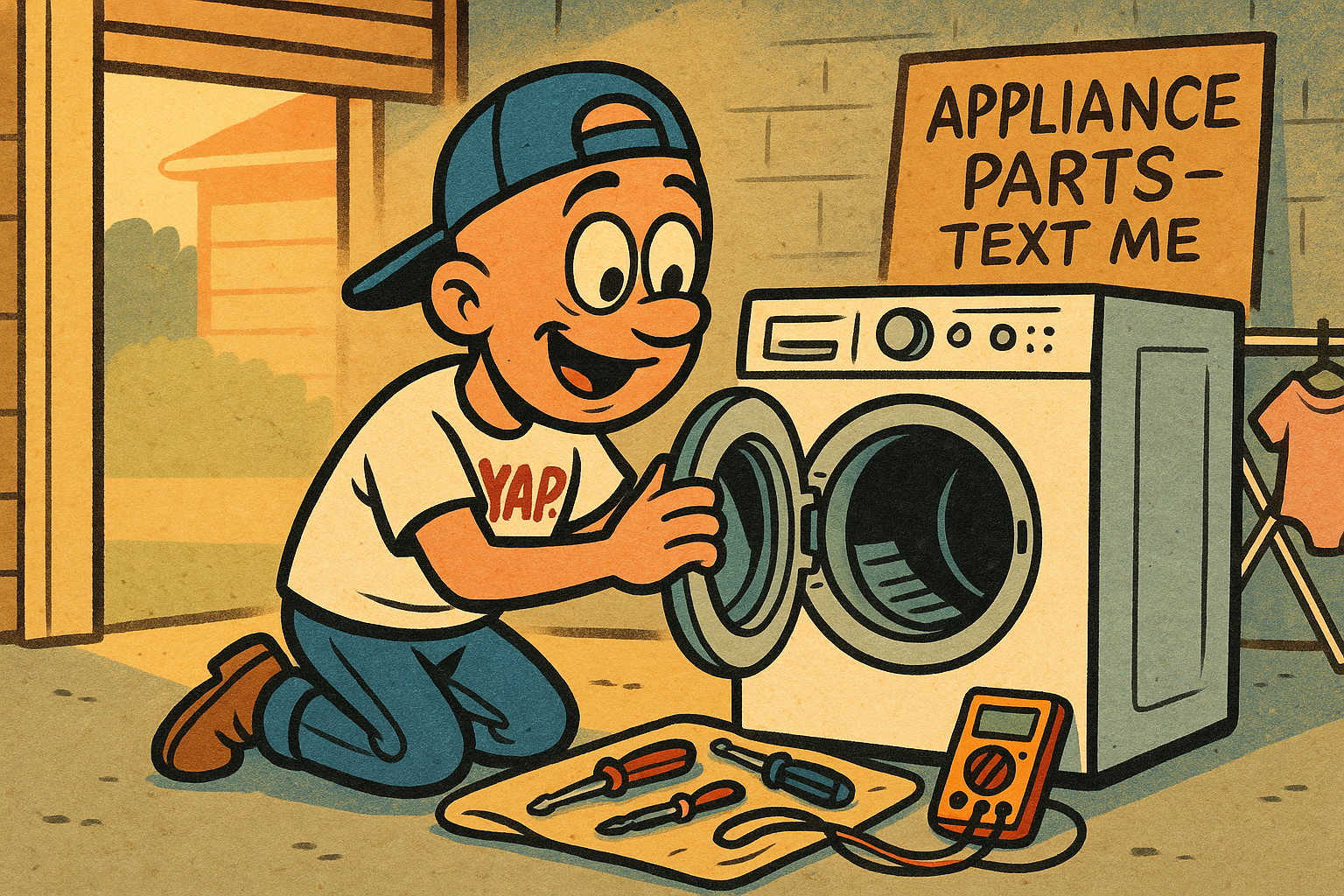 The original YAP garage workshop, 2022 — fixing a dryer with tools spread out