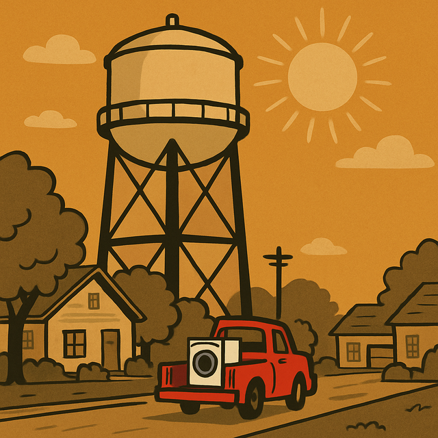 A water tower over a tree lined street, a red pickup hauling a dryer
