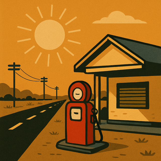 An old two lane highway with a vintage gas pump and filling station