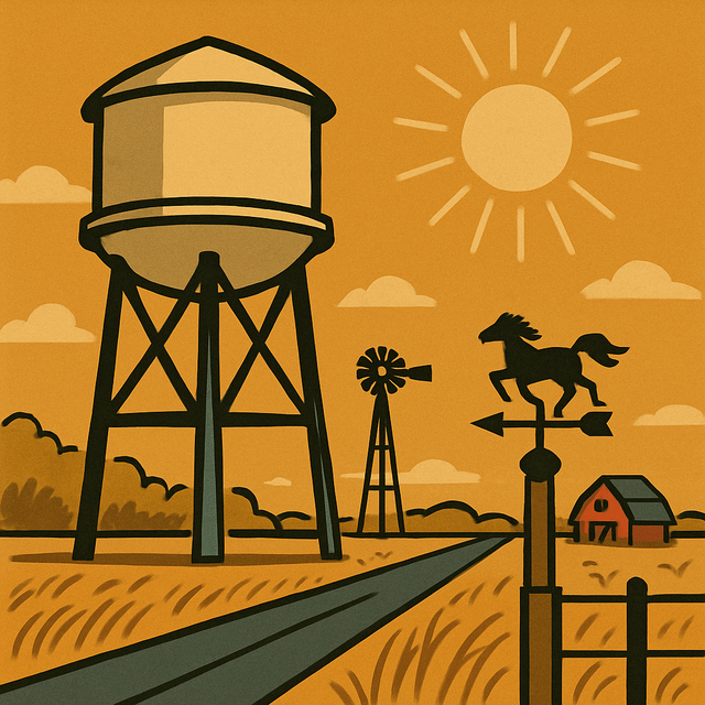 A water tower beside a prairie road, a horse weather vane on the fence