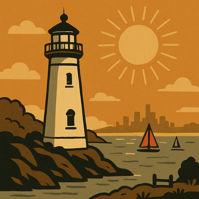 A lighthouse on a lake shore with sailboats and a city skyline in the distance