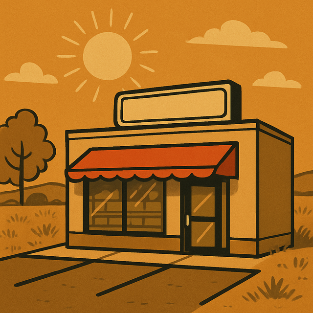 A small parts storefront with a red awning at the edge of the prairie