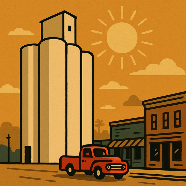 A grain elevator over a small town main street with a red pickup at the curb