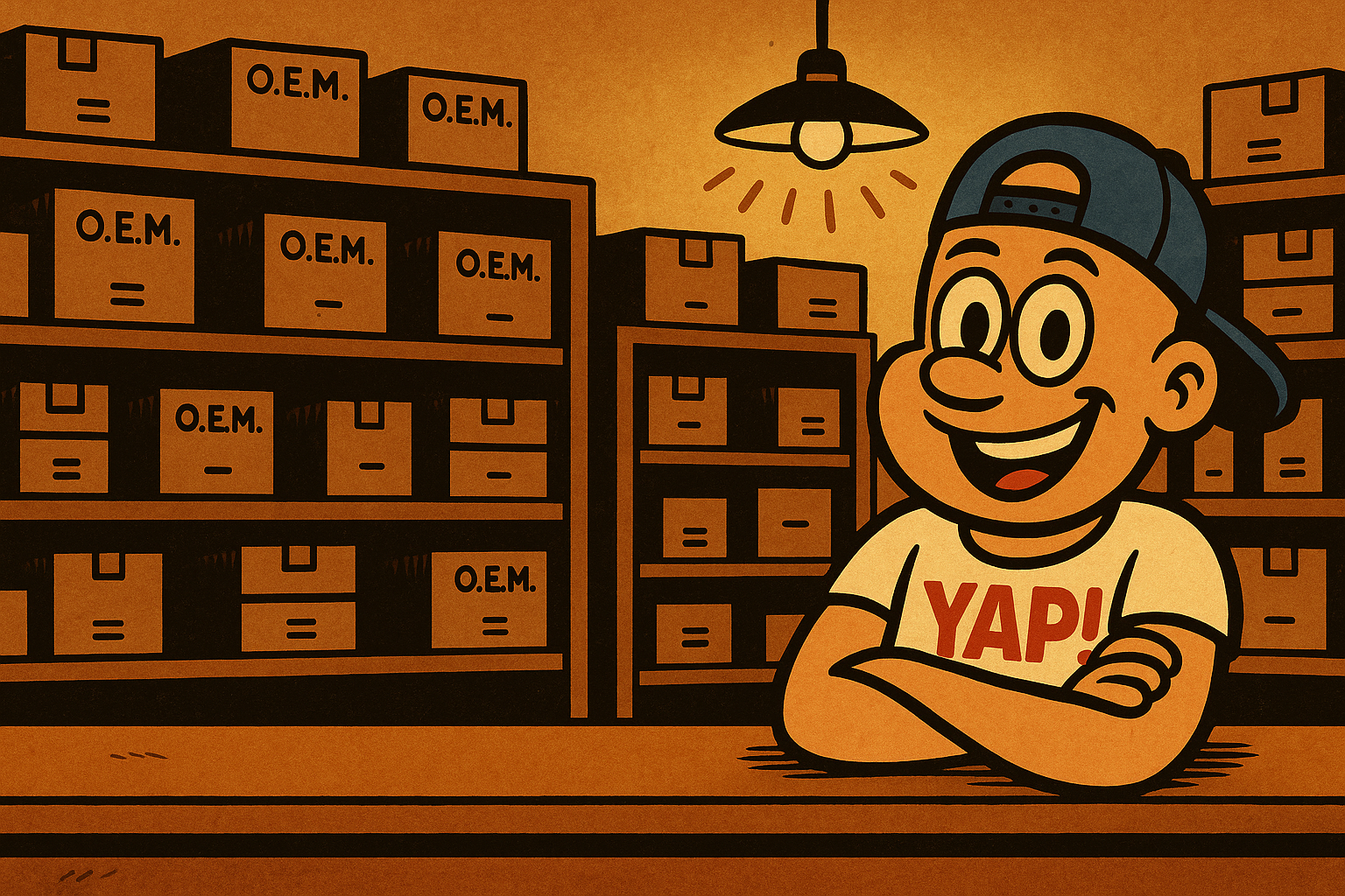 YAP Dude behind the Yukon Appliance Parts counter, arms crossed, grinning